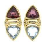 A pair of garnet and aquamarine earrings, with brilliant-cut diamond highlights.