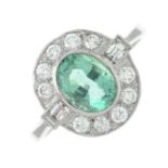 An emerald and vari-cut diamond cluster ring.Emerald weight 1.25cts.Total diamond weight