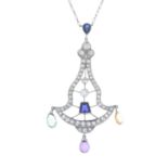 A single and circular-cut diamond and vari-colour sapphire openwork pendant,
