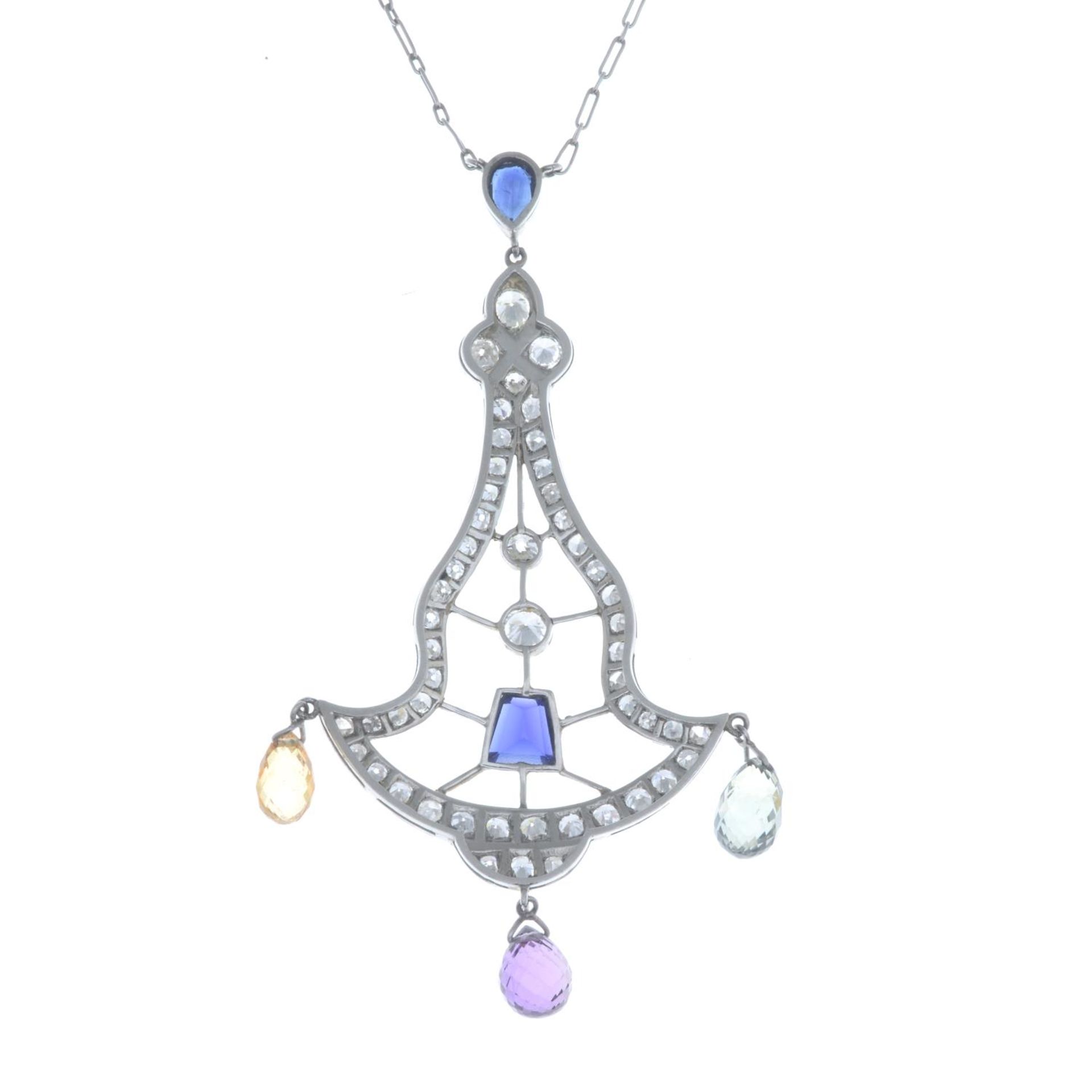 A single and circular-cut diamond and vari-colour sapphire openwork pendant, - Image 2 of 3