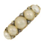 A late 19th century gold split pearl five-stone ring, with rose-cut diamond accents.