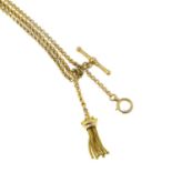 A late 19th century gold Albertina chain, suspending a T-bar and tassel drop.Length 25cms.