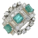 An emerald and vari-cut diamond dress ring.Estimated total diamond weight 1ct.Ring size O.