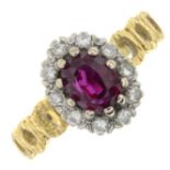 An 18ct gold ruby and brilliant-cut diamond cluster ring.Ruby calculated weight 0.88cts,