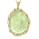 An 18ct gold carved prehnite and brilliant-cut diamond pendant,