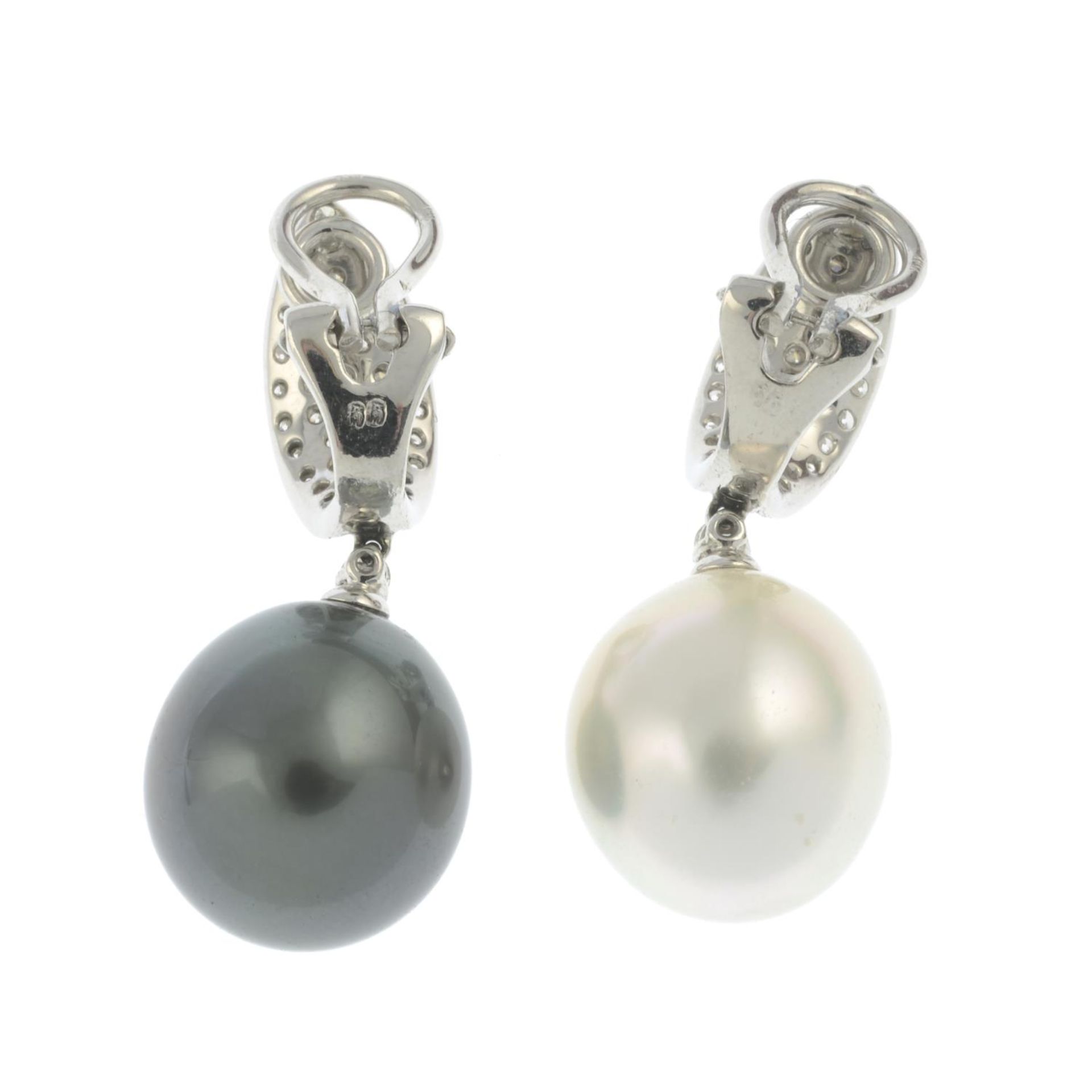 A pair of vari-hue cultured pearl and pave-set diamond earrings.Fittings for non pierced - Image 3 of 3