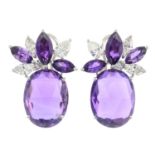 A pair of 18ct gold amethyst and vari-cut diamond earrings.Estimated total diamond weight 1.30cts,