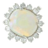 An opal cabochon and square-shape diamond cluster ring.Estimated dimensions of opal 11.7 by 10.5 by