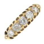 An early 20th century 18ct gold old-cut diamond five-stone ring.Estimated total diamond weight