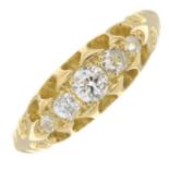 An Edwardian 18ct gold old-cut diamond five-stone ring.Estimated total diamond weight