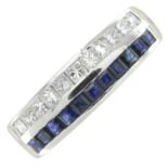 A platinum sapphire and square-shape diamond ring.Estimated total diamond weight 0.70ct,