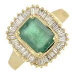 An emerald and baguette-cut diamond cluster ring.