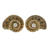 A pair of ammonite and brilliant-cut diamond cufflinks.Estimated total diamond weight