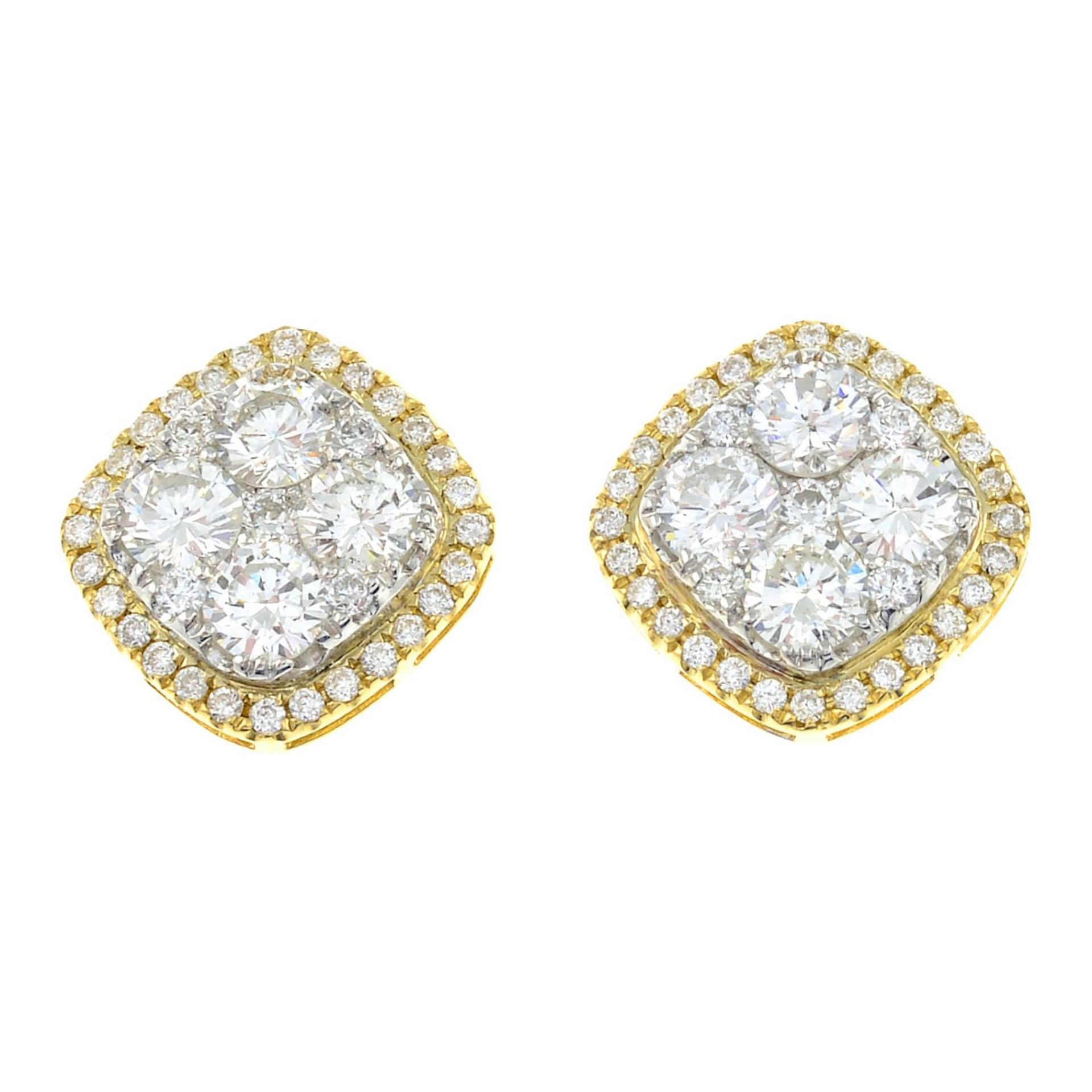 A pair of 18ct gold brilliant-cut diamond square-shape cluster earrings.Total diamond weight