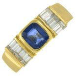 A sapphire and baguette-cut diamond dress ring.Estimated total diamond weight 0.60ct,