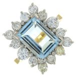 An aquamarine and brilliant-cut diamond cluster ring.Aquamarine calculated weight 3.13cts,
