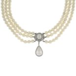 A cultured pearl three-row necklace,