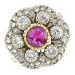 A ruby, brilliant and rose-cut diamond floral cluster ring.Ruby calculated weight 0.55ct,