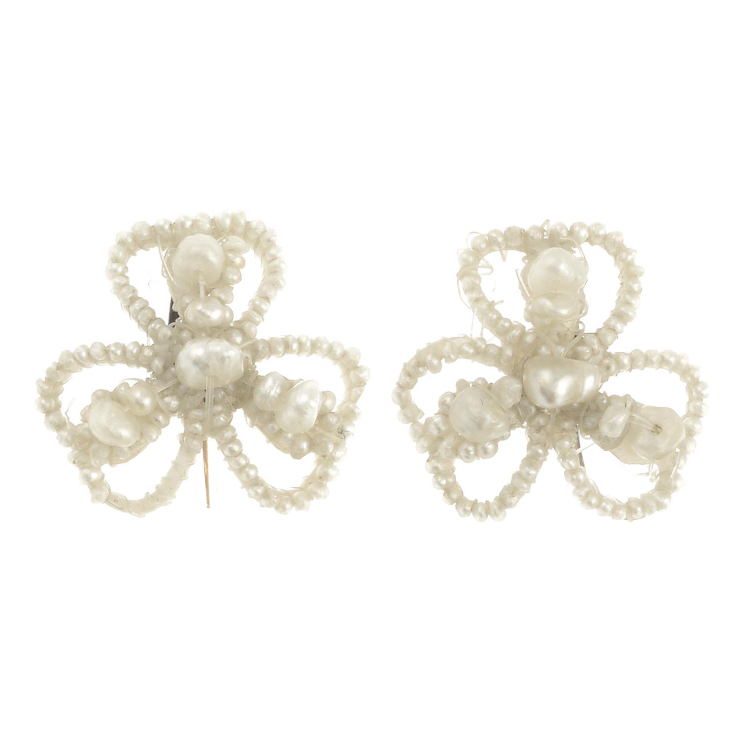 A pair of late 19th century seed and cultured pearl earrings depicting a shamrock,