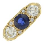 An 18ct gold sapphire and old-cut diamond three-stone ring,