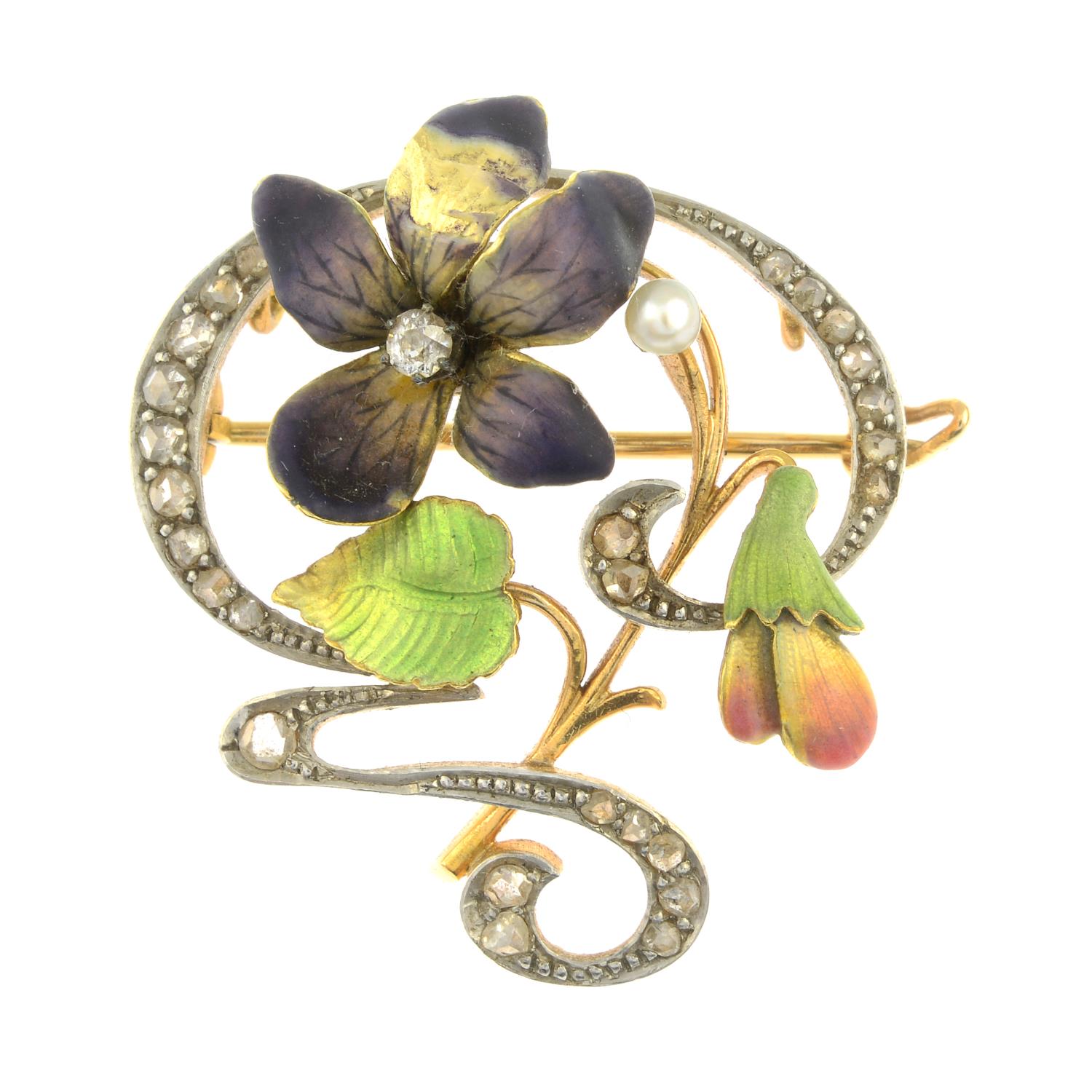 An Art Nouveau rose-cut diamond, cultured pearl and polychrome enamel brooch.Length 2.9cms.