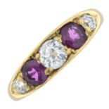 A mid 20th century 18ct gold ruby and old-cut diamond five-stone ring.