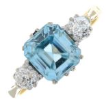 A mid 20th century 18ct gold blue zircon and old-cut diamond three-stone ring.Zircon calculated