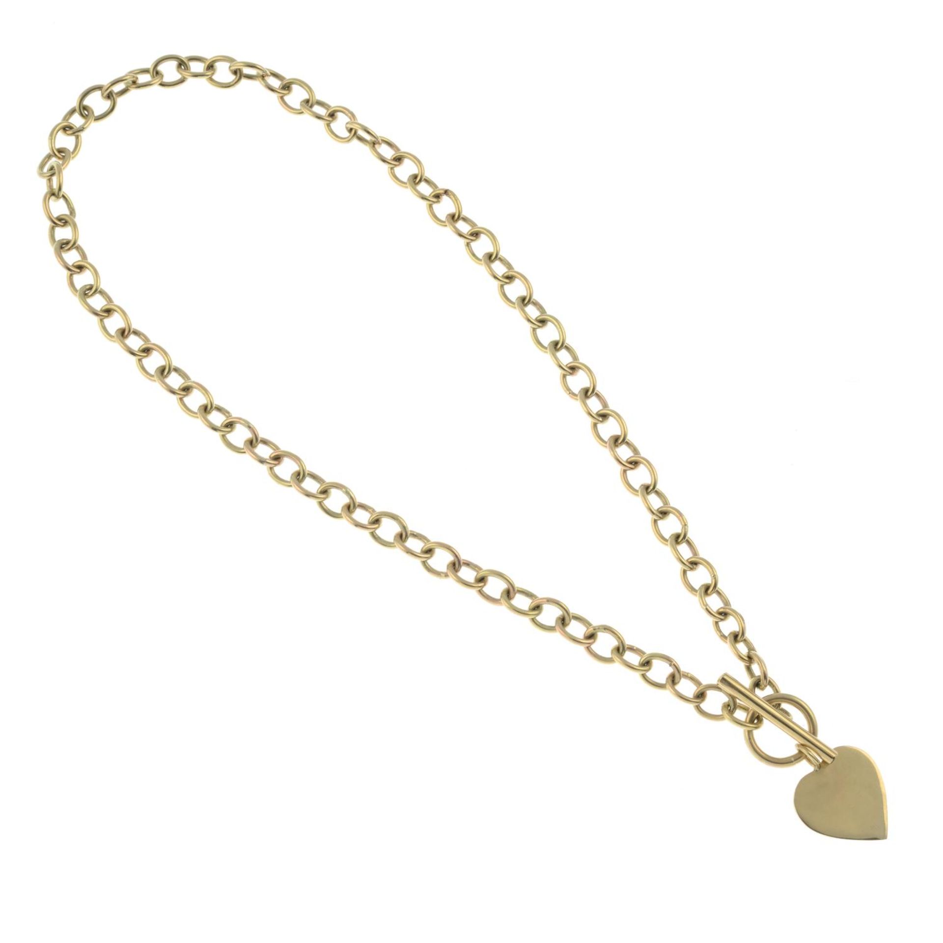 A trace-link necklace, with T-bar clasp, suspending a heart-shape pendant. - Image 2 of 3