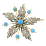 A turquoise and single-cut diamond floral brooch.Estimated total diamond weight 1.15cts.Length