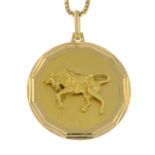 A pendant, depicting a textured Bull, suspended from a box-link chain.Italian marks.