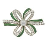 A mid 20th century old-cut diamond, cultured pearl and green enamel floral brooch.