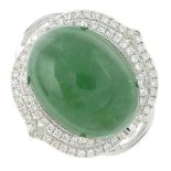 A jade cabochon and brilliant-cut diamond double cluster ring.