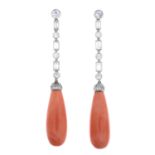 A pair of vari-cut diamond and coral earrings.Estimated total diamond weight 3cts,