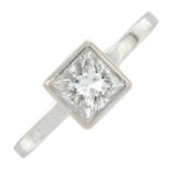 An 18ct gold square-shape diamond single-stone ring.Estimated diamond weight 0.80ct,