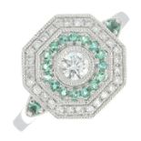 An 18ct gold brilliant-cut diamond and emerald cluster ring.Total diamond weight 0.33cts,