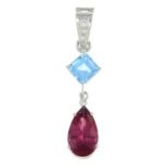 A pink tourmaline, topaz and pave-set diamond pendant, suspended from a hinged surmount.