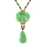 An onyx, jade and coral necklace.Length 55.5cms.