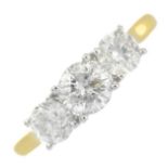 An 18ct gold brilliant-cut diamond three-stone ring.Total diamond weight 1ct,