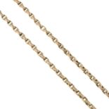 A late 19th century 9ct gold longuard chain.Stamped 9C.Length 152cms.