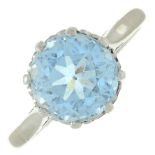 A mid 20th century 18ct gold and platinum aquamarine single-stone ring.Aquamarine calculated weight