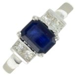 An 18ct gold sapphire and square-shape diamond dress ring.Total diamond weight 0.26ct,