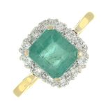 An 18ct gold emerald and brilliant-cut diamond cluster ring.Emerald calculated weight 1.49cts,