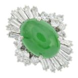 A jade cabochon and vari-cut diamond dress ring.Diamond weight 1.60ctsStamped pm900.Ring size J1/2.