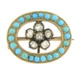 A late 19th century 9ct gold turquoise and old-cut diamond brooch.Estimated total diamond weight