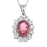 An 18ct gold pink tourmaline and brilliant-cut diamond cluster pendant,