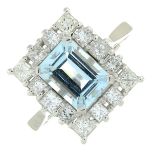 An aquamarine and square-shape diamond cluster ring.Aquamarine calculated weight 2.04cts,