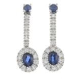 A pair of sapphire and brilliant-cut diamond drop earrings.Estimated total diamond weight