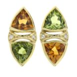 A pair of peridot and citrine earrings, with brilliant-cut diamond highlights.Length 1.2cms.