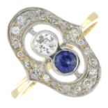 An old-cut and sapphire dress ring, within an old-cut diamond surround.