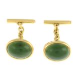 A pair of nephrite jade cufflinks.Approximate dimensions of one nephrite jade 15.6 by 11.5 by